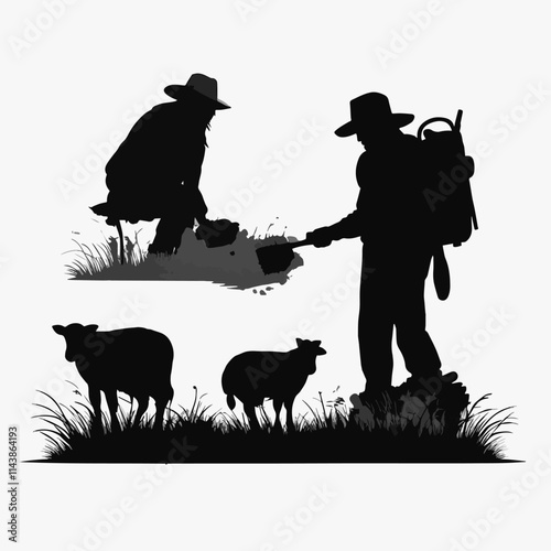 Rural Farming Silhouette Shepherds Tending Sheep Countryside Black White isolate Vector Illustration
