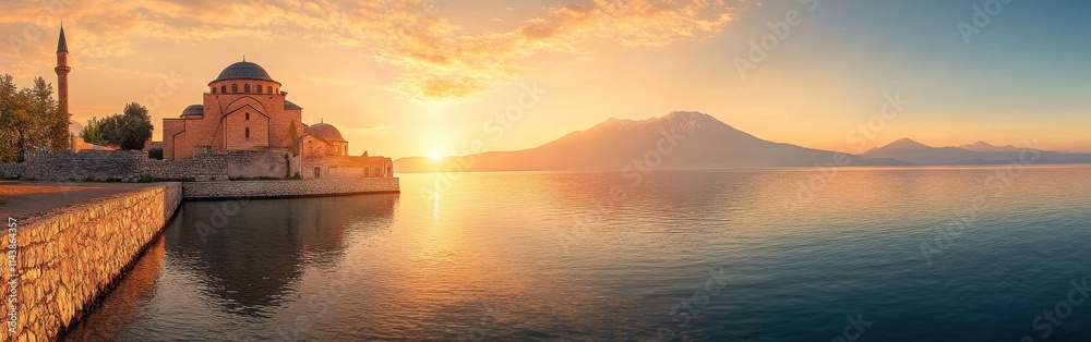 Golden sunset lighting up Lake Van in Turkey with serene reflections and historic architecture Golden sunset lighting up Lake Van in Turkey with serene reflections and historic architecture