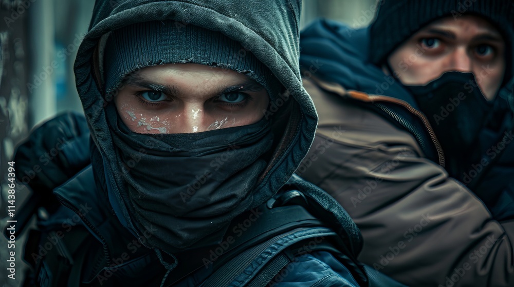 Fearless robbers making plans to escape from police, exchanging determined eye contact, showcasing their defiance and readiness for action. Fearless robbers making plans to escape from police, exchanging determined eye contact, showcasing their defiance and readiness for action.