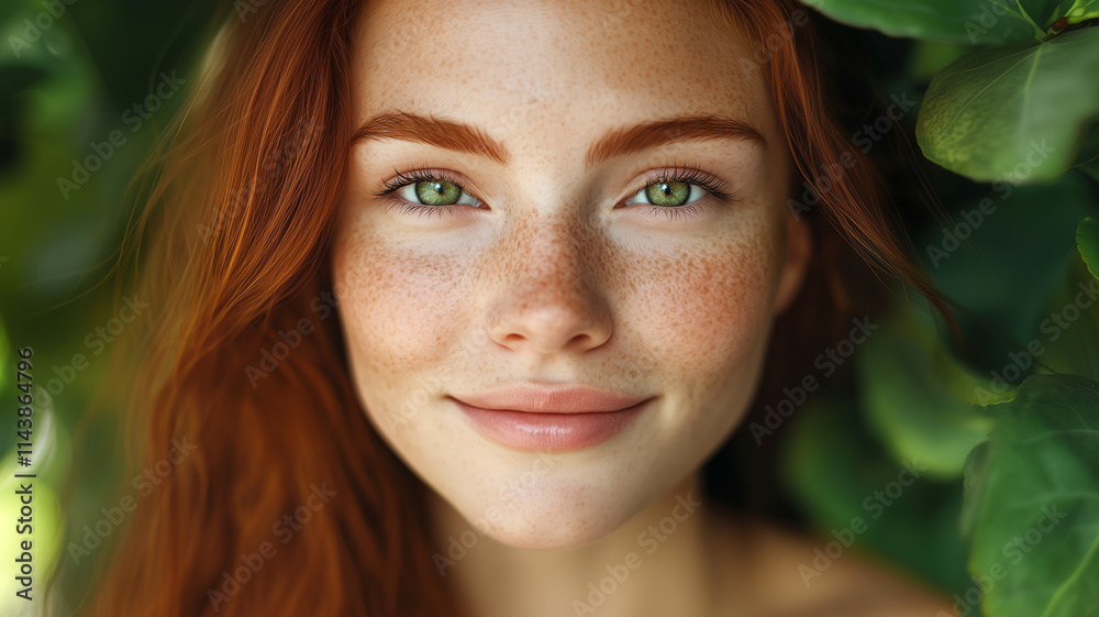 close-up portrait of beautiful young red-haired woman with freckles and green eyes surrounded by green leaves outdoor close-up portrait of beautiful young red-haired woman with freckles and green eyes surrounded by green leaves outdoor