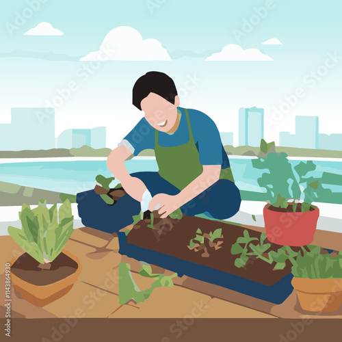 Urban Gardening Young Man Tending Rooftop planting Vegetable Patch City Sustainable Living Eco-Friendly Lifestyle Concept