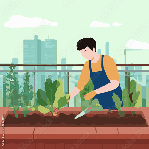 Urban Rooftop Garden Young Man Apron Cultivating Sustainable Vegetables City View Modern Urban Agricultur Green Living Eco-friendly Gardening Metropolitan Fresh Produce Growing