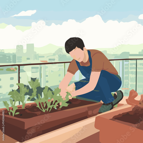 Urban Oasis Young Gardener Nurturing Rooftop Veggie Patch Cultivating Sustainability Wellness Community Connection City