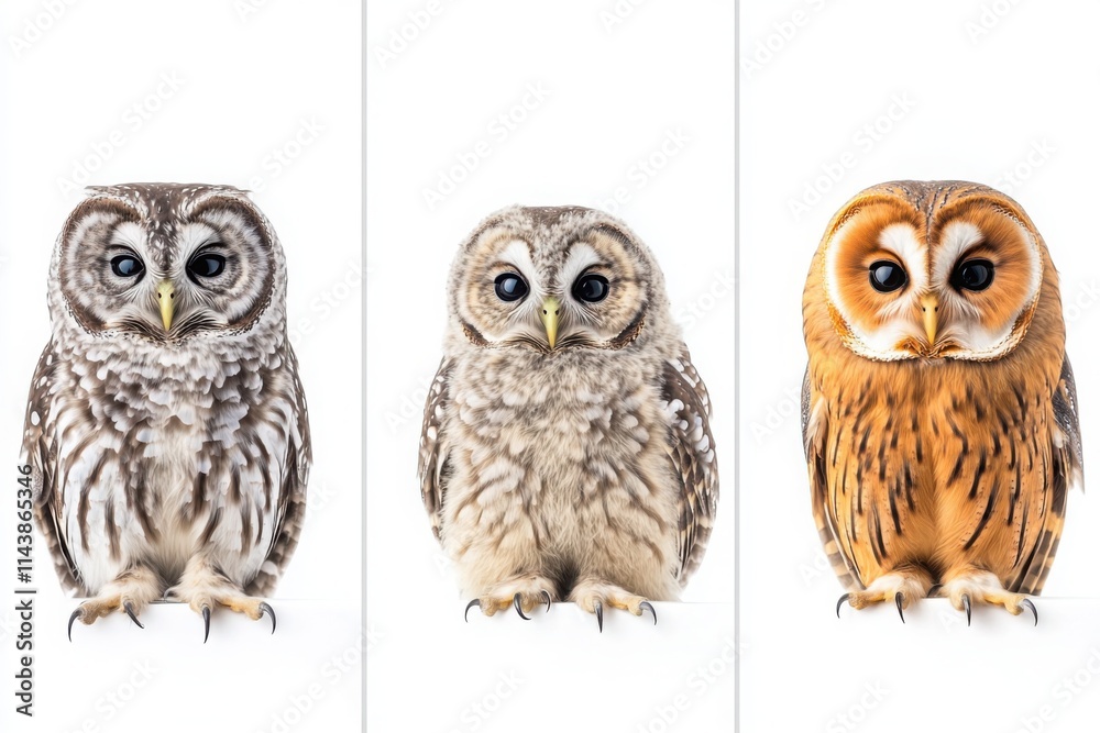 Close-up of three distinct owl species, including the barn owl and spotted owl, against a white background, ideal for wildlife and ornithology themes
Close-up of three distinct owl species, including the barn owl and spotted owl, against a white background, ideal for wildlife and ornithology themes