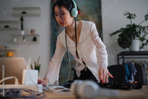 young woman with long braided hair, wearing headphones and a stylish white blouse, mixes music on a DJ controller at a wooden desk in a modern, plant-filled home studio. photo