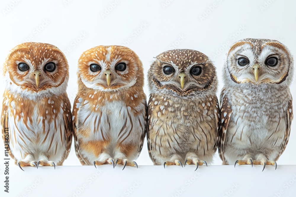 Owls with speckled feathers and sharp eyes perched in a row on a white background, showcasing their natural beauty for wildlife photography

