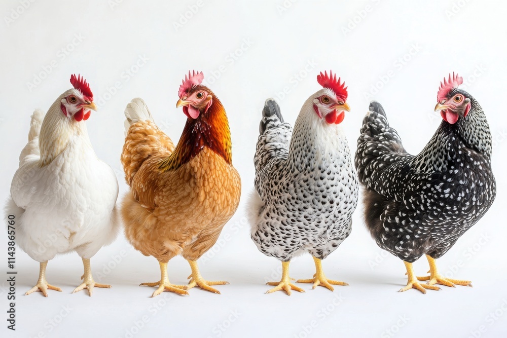 Fototapeta premium Chickens of various breeds, including white, brown, and speckled, arranged in a row on a white background, perfect for farm-themed designs or agricultural photography