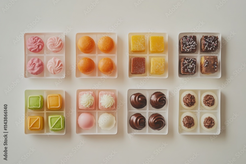 Chocolates and truffles in various shapes and colors arranged in boxes on a white background, showcasing gourmet sweets for dessert presentations
Chocolates and truffles in various shapes and colors arranged in boxes on a white background, showcasing gourmet sweets for dessert presentations