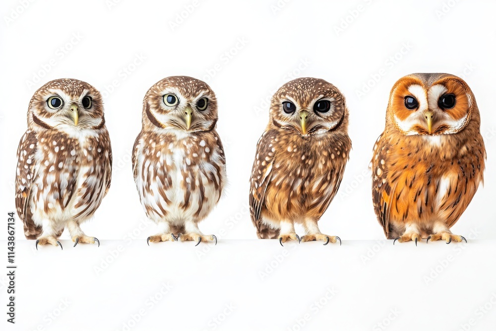 Owls with spotted feathers in various poses arranged in a row on a white background, ideal for wildlife or bird photography themes.
Owls with spotted feathers in various poses arranged in a row on a white background, ideal for wildlife or bird photography themes.