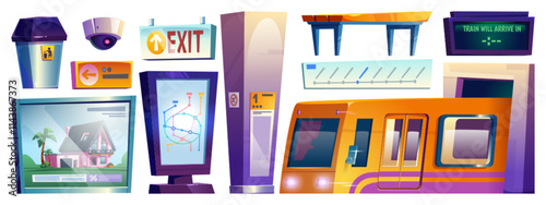 Subway station elements set - yellow train carriage, digital screens with route map and property advertisement, surveillance camera, direction signs, wooden bench and trash bin, arrival time display.