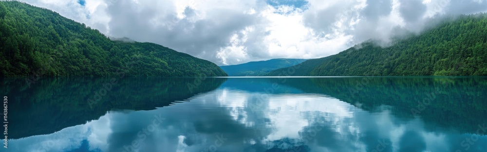 Vibrant blue Lake Ritsa in Abkhazia with mountains and clouds reflecting on calm waters Vibrant blue Lake Ritsa in Abkhazia with mountains and clouds reflecting on calm waters