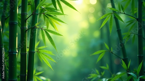 Serene Bamboo Forest Lush Green Canopies Bathed in Soft Sunlight, Creating a Tranquil and Peaceful Atmosphere