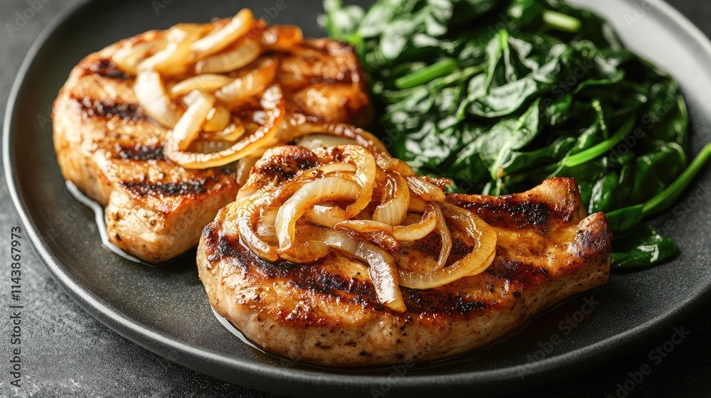 Grilled Pork Chops with Caramelized Onions Served with Fresh Spinach on a Dark Plate for a Delicious and Healthy Meal Option Grilled Pork Chops with Caramelized Onions Served with Fresh Spinach on a Dark Plate for a Delicious and Healthy Meal Option