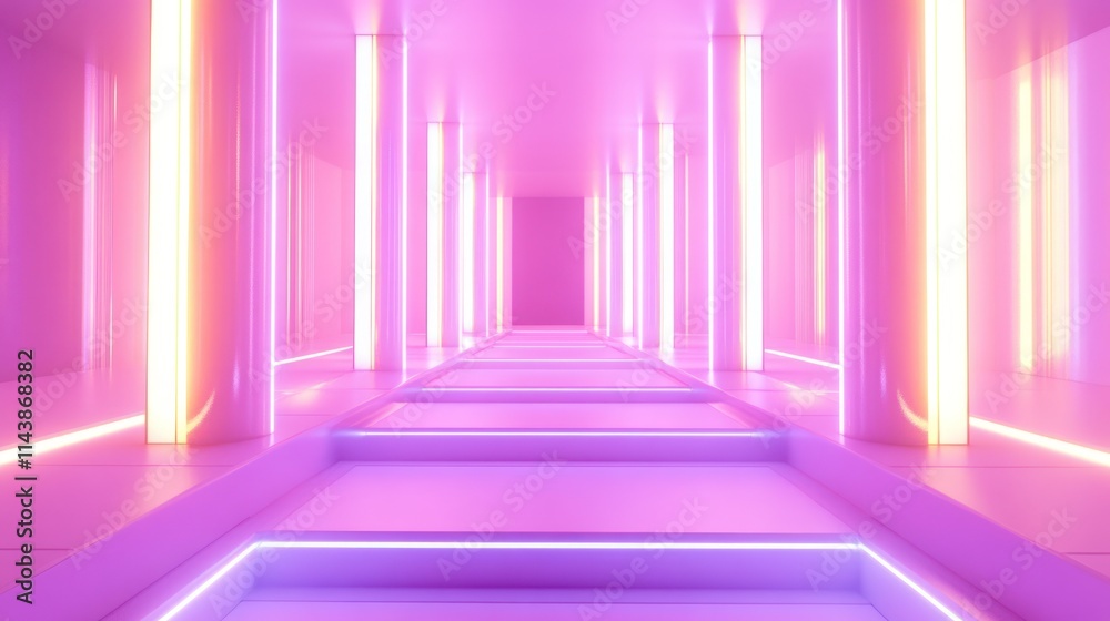 Pink neon lit hallway with steps. Pink neon lit hallway with steps.