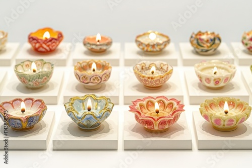 Decorative clay diyas with intricate patterns and lit candles displayed symmetrically, ideal for festive and cultural designs.

 photo