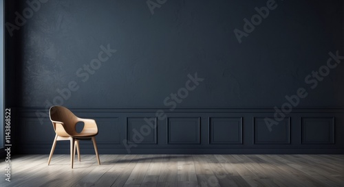 Modern wooden chair in a dark room with paneled walls