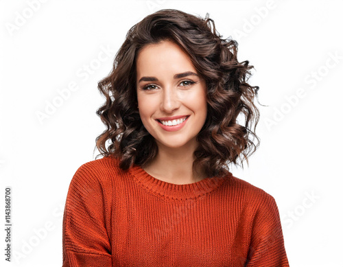 friendly portrait cheerful young happy woman curly brunette on white background