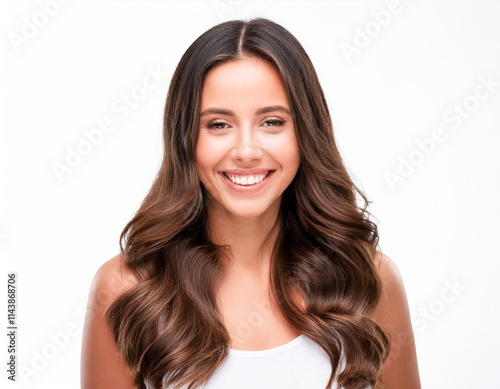 cute smile friendly portrait cheerful young happy woman brunette on white background