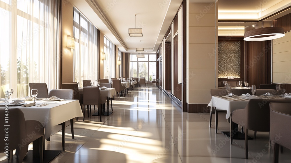 Elegant dining room with modern decor featuring large windows and soft lighting, creating a serene atmosphere.