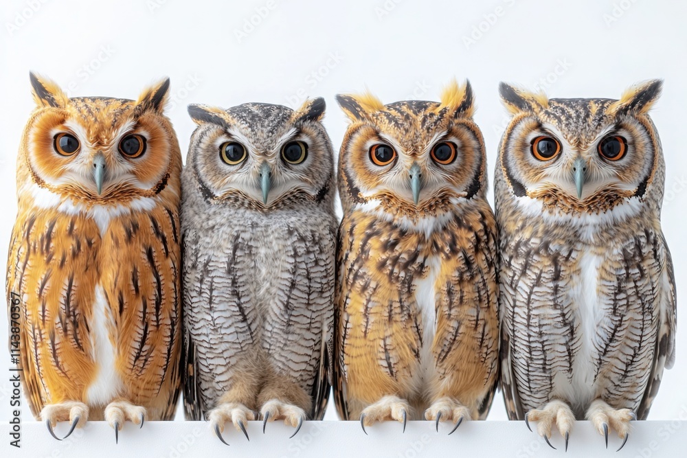 Four long-eared owls sitting in a symmetrical arrangement on a white background, showcasing their distinct plumage patterns and piercing eyes, perfect for wildlife photography and educational material Four long-eared owls sitting in a symmetrical arrangement on a white background, showcasing their distinct plumage patterns and piercing eyes, perfect for wildlife photography and educational material