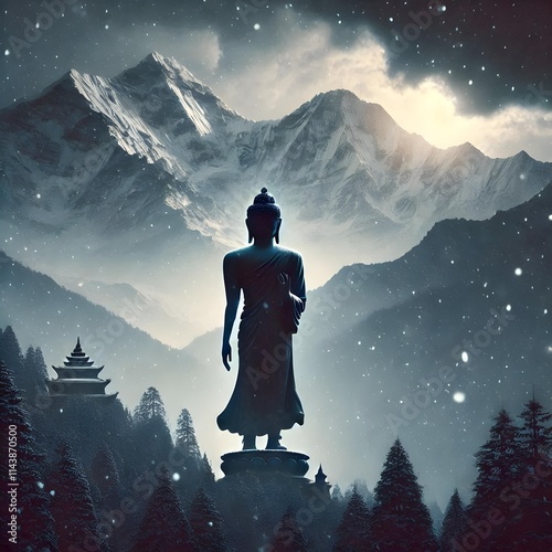 Standing Buddha Silhouette Close-Up Behind Snowy Himalayan Range – Realistic Religious Scene of Serenity and Power photo