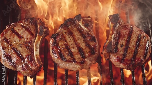 Juicy Grilled Pork Chops Cooking Over Open Flame with Charred Grill Marks Surrounded by Rising Smoke and Flames for Delicious Barbecue Experience