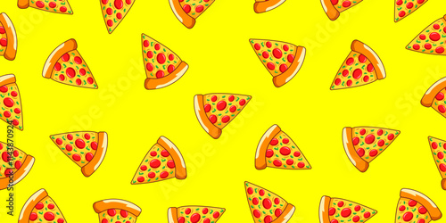 Pizza seamless pattern background. Fast food delicious pizza slice motif cartoon seamless vector illustration