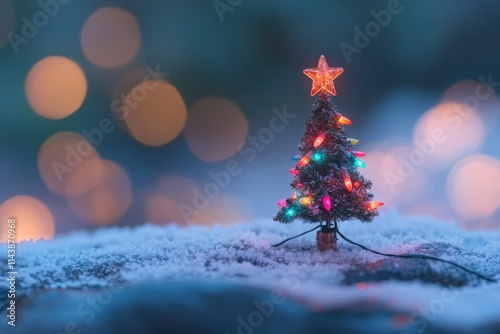 A tiny Christmas tree decorated with colorful lights and a star topper, standing on a snowy surface photo