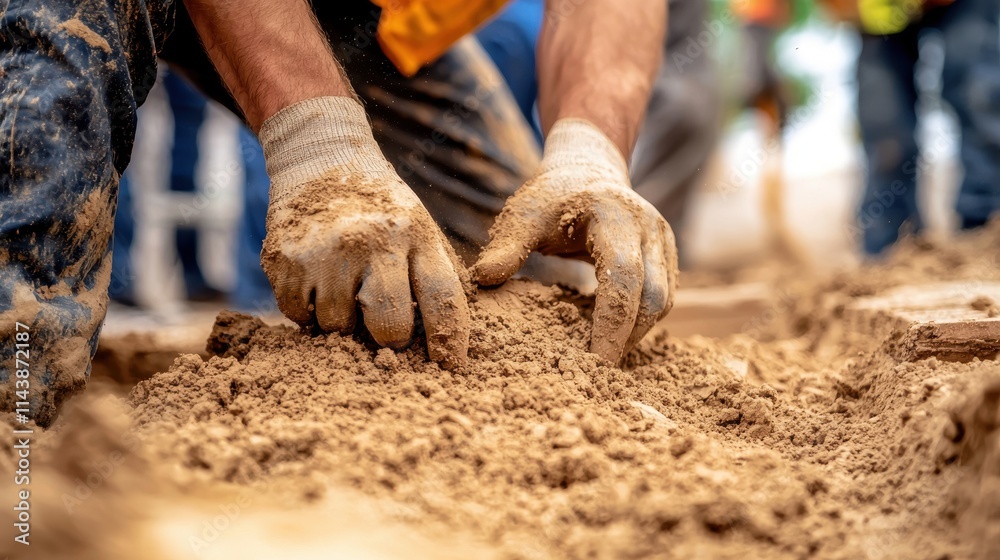 Professional earthwork project urban construction workers closeup Professional earthwork project urban construction workers closeup