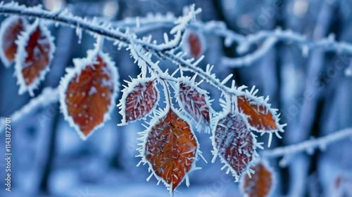 Frost Phenomenon on Cold Forest Leaves