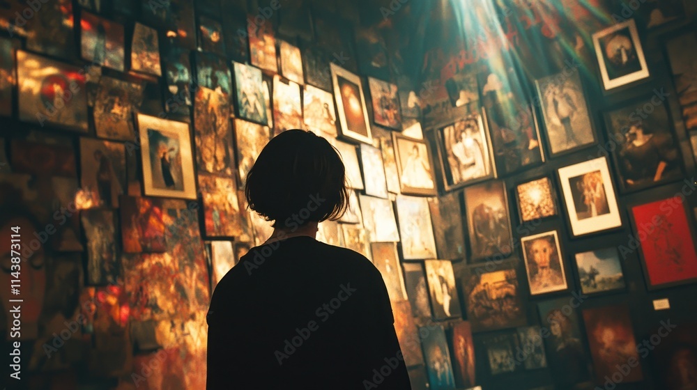 Woman admiring numerous framed artworks on a gallery wall, lit by a spotlight.