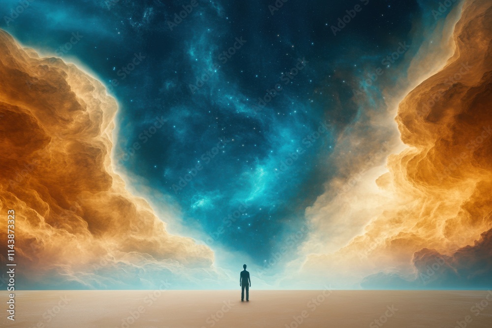 A solitary figure stands beneath a vast cosmic sky filled with vibrant colors and swirling clouds, evoking feelings of wonder, exploration, and endless possibilities in the universe.