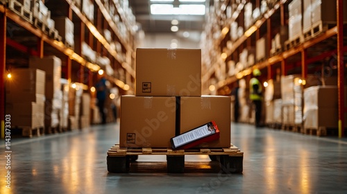 Wallpaper Mural Logistics checklist warehouse concept. Stacks of cardboard boxes on a pallet in a spacious warehouse with shelves lined with more packages in the background. Torontodigital.ca