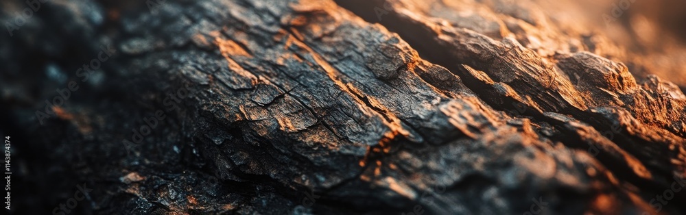 Detailed macrophotograph showcases rough tree bark textures illuminated by soft light Detailed macrophotograph showcases rough tree bark textures illuminated by soft light