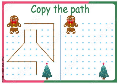 activities for children. Copy the path. Logic games for children. Vector illustration. The book is square format. New Year. Christmas	
