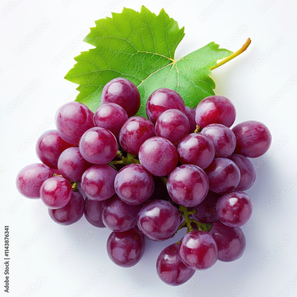 A vibrant bunch of purple grapes with green leaves, set against a light background, showcasing their freshness and natural beauty. A vibrant bunch of purple grapes with green leaves, set against a light background, showcasing their freshness and natural beauty.