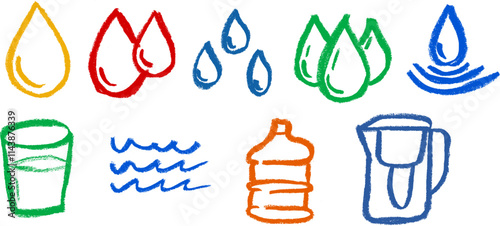 Water Hydration Related Icons Crayon Chalk Drawing Vector Set