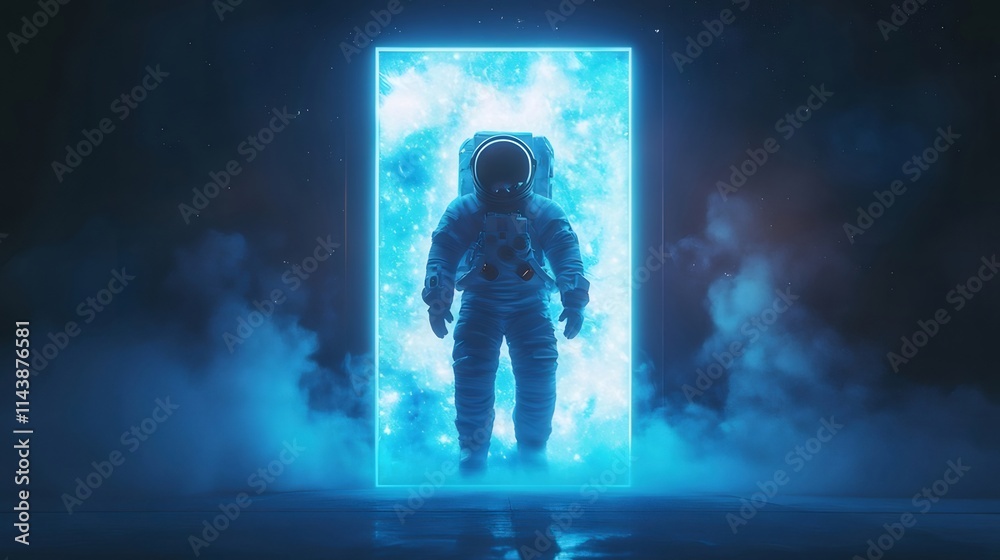 Astronaut standing in a glowing blue portal against a dark space background. Astronaut standing in a glowing blue portal against a dark space background.