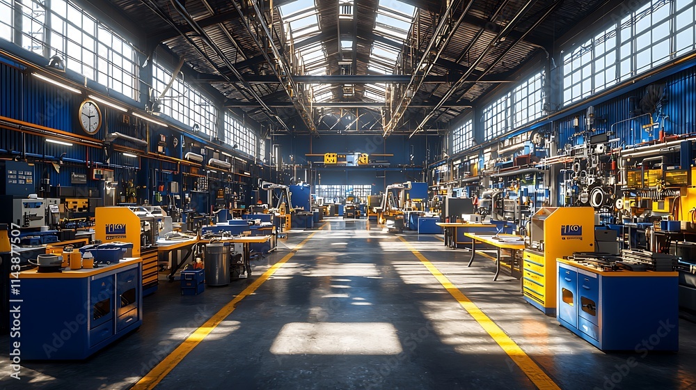 Sunlit Industrial Factory Interior With Machinery And Equipment Sunlit Industrial Factory Interior With Machinery And Equipment