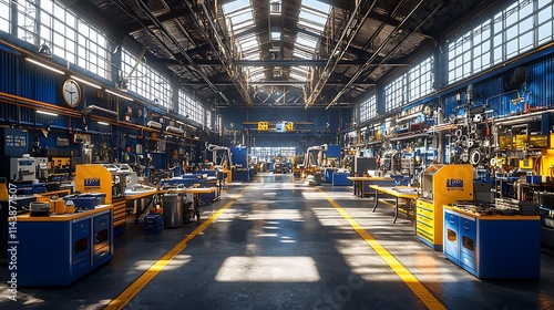 Sunlit Industrial Factory Interior With Machinery And Equipment