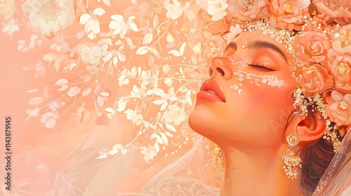 Romantic female portrait with coral roses and pearl details, spring beauty concept for cosmetic brands and wedding industry. Suitable for luxury beauty campaigns and fine jewelry promotions. photo