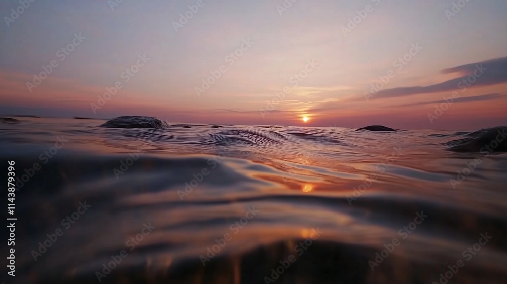 Obraz premium Sunset over calm ocean waters captured from a low perspective on the shore