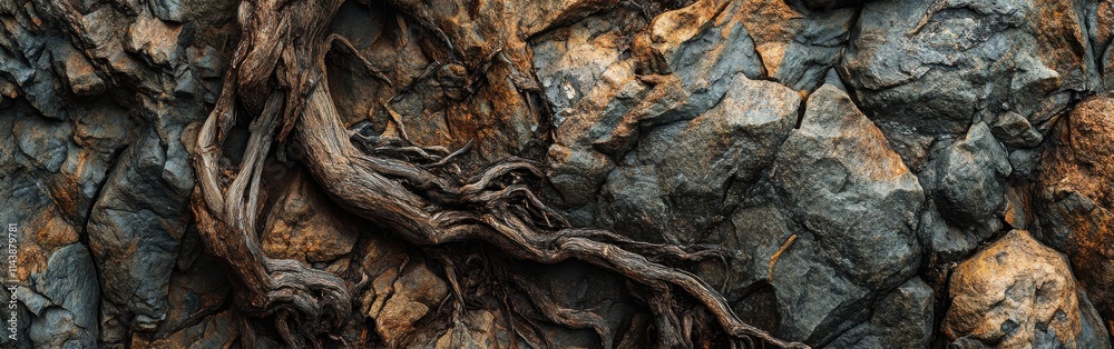 Tree roots intricately intertwining over rugged rocks in a natural landscape Tree roots intricately intertwining over rugged rocks in a natural landscape