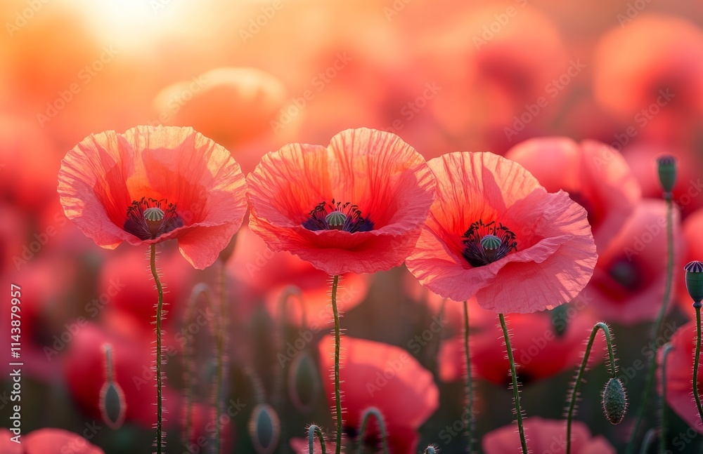 Obraz premium Vivid Red Poppies with Glowing Sunset Sky Backdrop