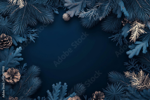 A festive Christmas frame with fir branches, cones, and colorful ornaments, set against a wintery background with snowflakes and pine trees, perfect for a holiday greeting card design,Generated By Ai