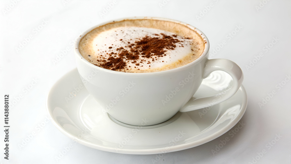 A cup of cappuccino on a white background, ideal for coffee lovers and minimalist design themes A cup of cappuccino on a white background, ideal for coffee lovers and minimalist design themes