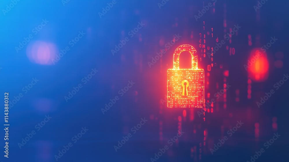 Glowing digital padlock with blurred binary code background Glowing digital padlock with blurred binary code background
