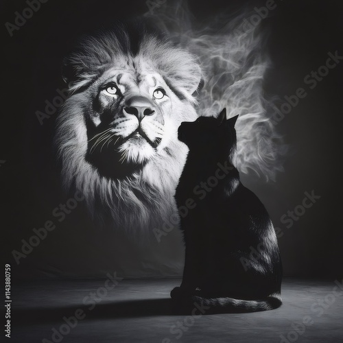 Black cat gazing at majestic lion portrait. photo