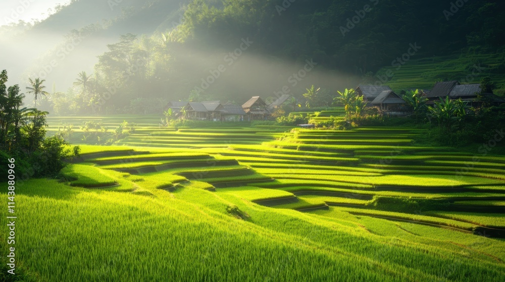 Fototapeta premium A serene landscape of lush green rice terraces, bathed in soft sunlight, with traditional houses nestled in the hills.