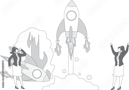 The success and failure of the new project startup, the businesswoman successfully launched the rocket, and the rocket launched by another businesswoman failed and crashed